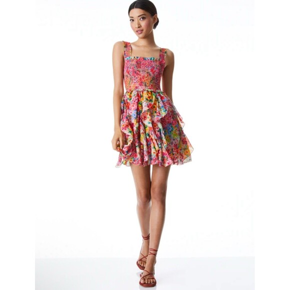 ALICE + OLIVIA Jocelyn Smocked Ruffle Minidress Multi Colored Floral Print Sz 12 - Picture 1 of 6